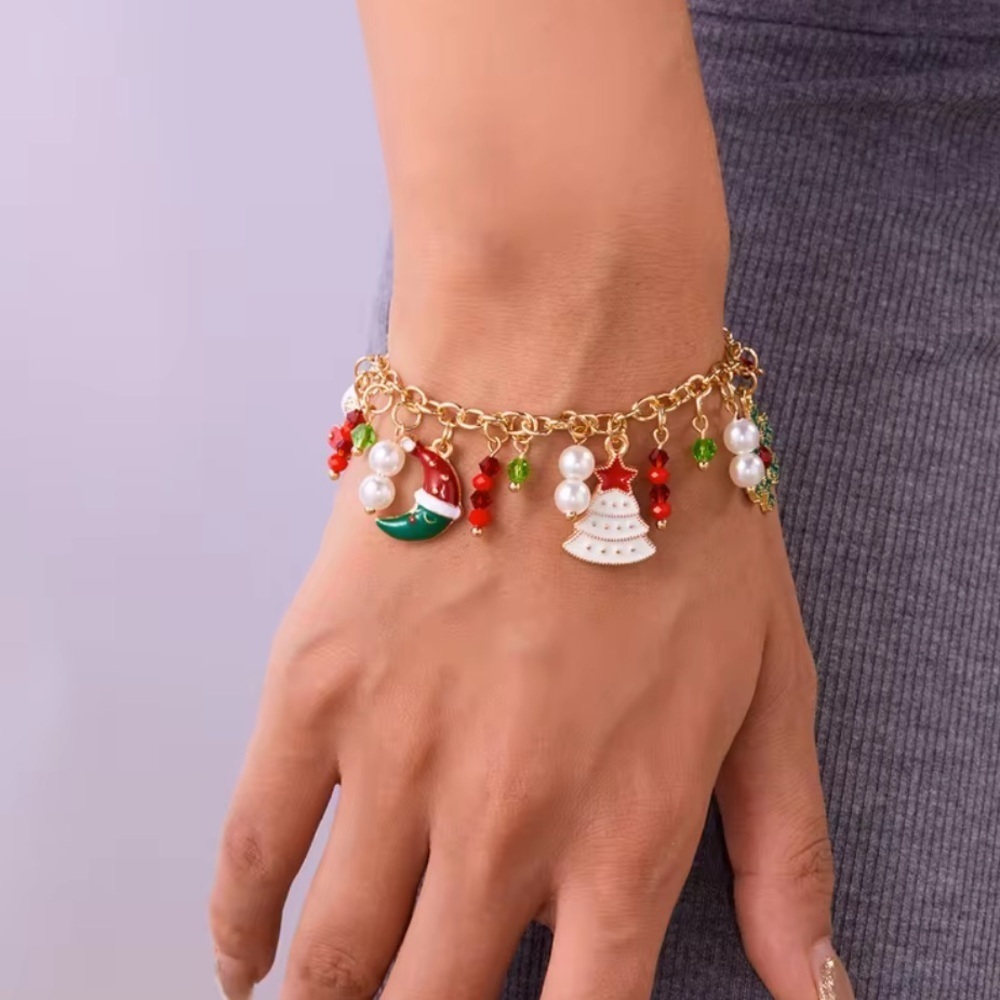 Festive Christmas Gold Charm Bracelet with Santa Snowman Gift Pendants Holiday - Picture 6 of 6